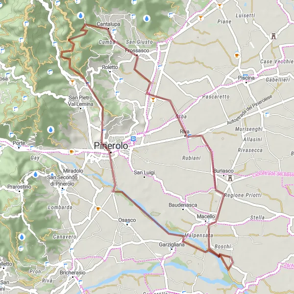 Mapa miniatúra "Gravelová cyklotúra okolo Cantalupy: Frossasco a Pinerolo" cyklistická inšpirácia v Piemonte, Italy. Vygenerované cyklistickým plánovačom trás Tarmacs.app