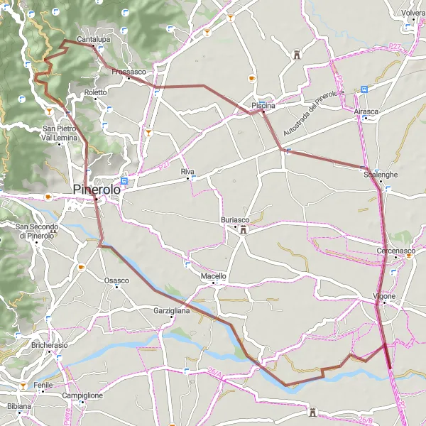 Map miniature of "Gravel Exploration: Cantalupa to Scalenghe" cycling inspiration in Piemonte, Italy. Generated by Tarmacs.app cycling route planner