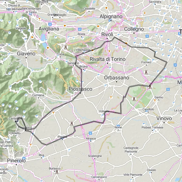 Map miniature of "Bruino to Frossasco Road Route" cycling inspiration in Piemonte, Italy. Generated by Tarmacs.app cycling route planner
