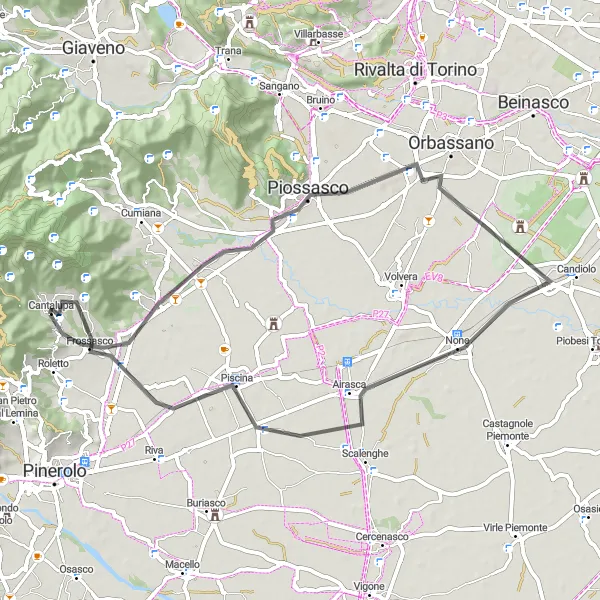 Miniatuurkaart van de fietsinspiratie "Wegen van Piossasco naar Airasca" in Piemonte, Italy. Gemaakt door de Tarmacs.app fietsrouteplanner
