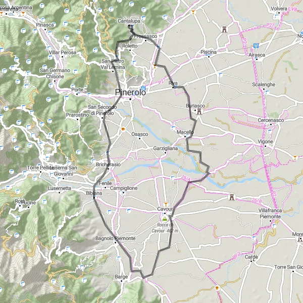 Map miniature of "Frossasco to Monte Muretto Road Route" cycling inspiration in Piemonte, Italy. Generated by Tarmacs.app cycling route planner