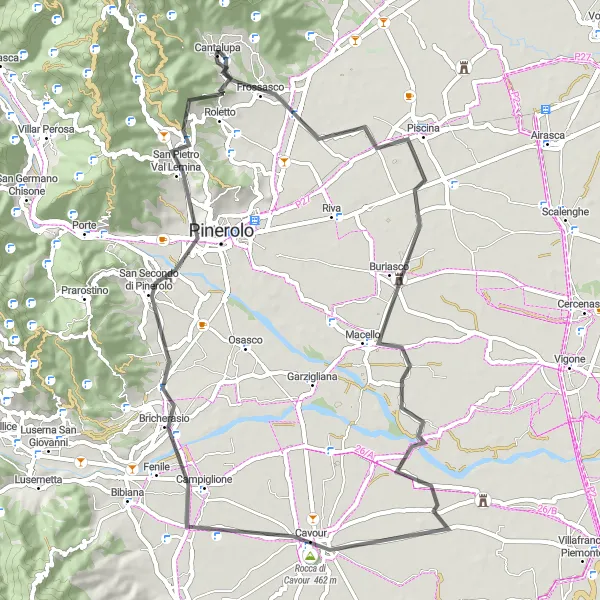 Miniature de la carte de l'inspiration cycliste "La route des châteaux piémontais" dans la Piemonte, Italy. Générée par le planificateur d'itinéraire cycliste Tarmacs.app