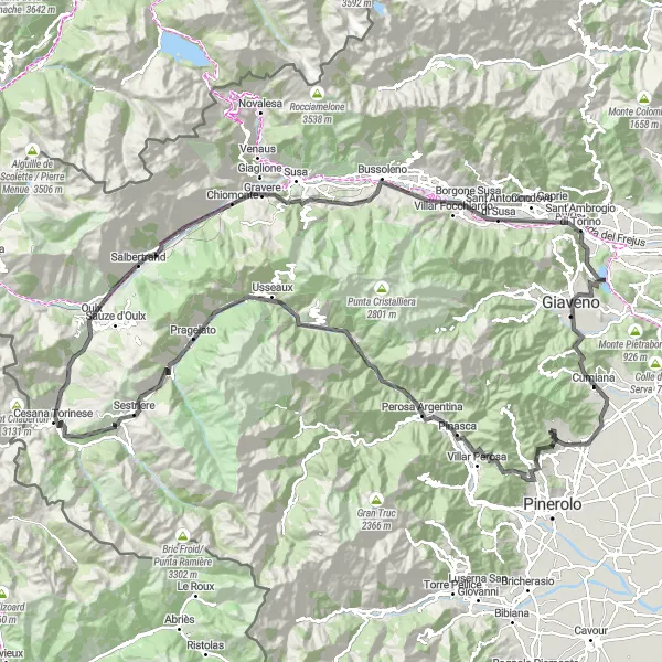 Map miniature of "Villar Perosa to Giaveno Road Route" cycling inspiration in Piemonte, Italy. Generated by Tarmacs.app cycling route planner