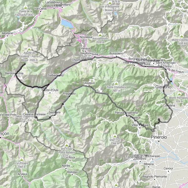 Miniatua del mapa de inspiración ciclista "Ruta panorámica de Cantalupa a Sestriere y Susa" en Piemonte, Italy. Generado por Tarmacs.app planificador de rutas ciclistas