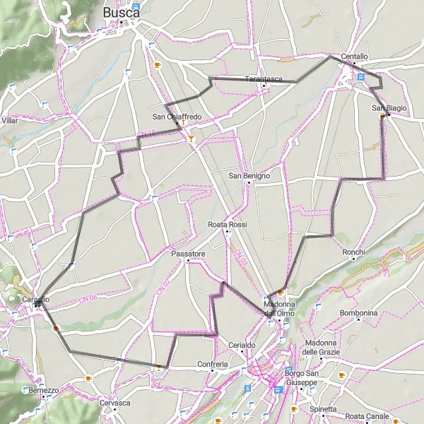 Zemljevid v pomanjšavi "Kulturna kolesarska pot preko gričev okoli Caraglia - 50 km" kolesarske inspiracije v Piemonte, Italy. Generirano z načrtovalcem kolesarskih poti Tarmacs.app