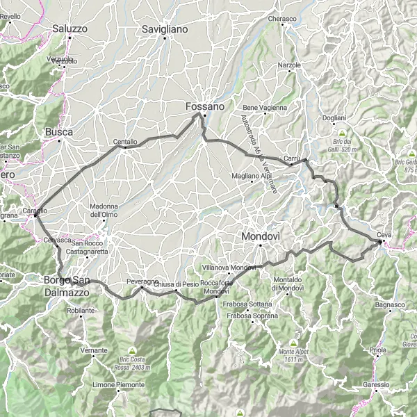 Miniaturní mapa "Z Caraglio do Vicoforte" inspirace pro cyklisty v oblasti Piemonte, Italy. Vytvořeno pomocí plánovače tras Tarmacs.app