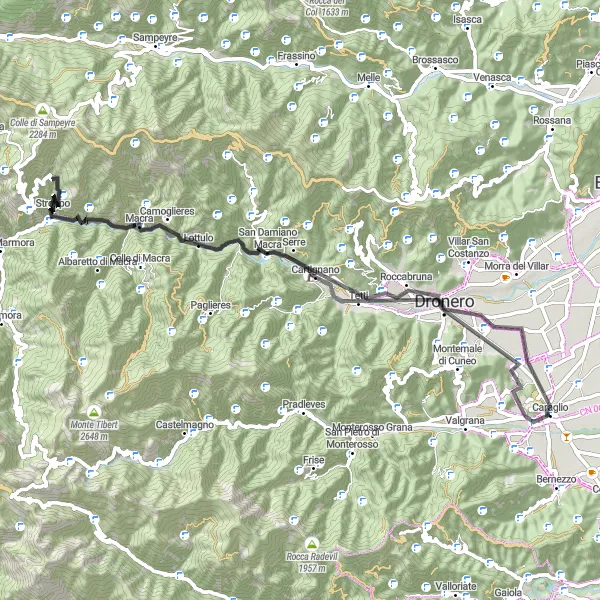 Zemljevid v pomanjšavi "Razburljiva cestna kolesarska avantura" kolesarske inspiracije v Piemonte, Italy. Generirano z načrtovalcem kolesarskih poti Tarmacs.app