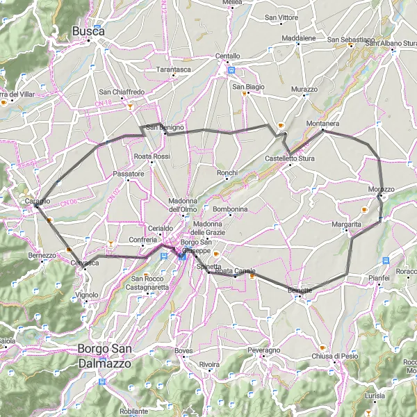 Miniatua del mapa de inspiración ciclista "Ruta a San Pietro del Gallo" en Piemonte, Italy. Generado por Tarmacs.app planificador de rutas ciclistas