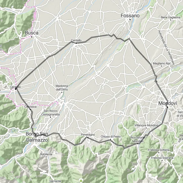 Map miniature of "Road Cycling Around Caraglio" cycling inspiration in Piemonte, Italy. Generated by Tarmacs.app cycling route planner
