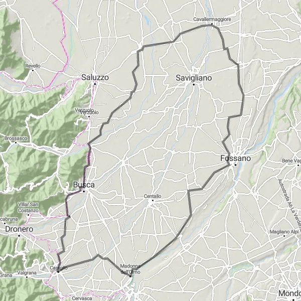 Map miniature of "Road Cycling Adventure near Caraglio" cycling inspiration in Piemonte, Italy. Generated by Tarmacs.app cycling route planner