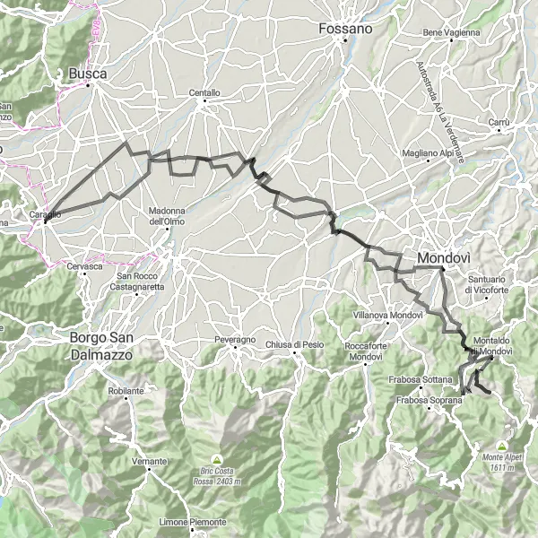 Mapa miniatúra "Trasa s výhľadmi na Roata Chiusani a Morozzo" cyklistická inšpirácia v Piemonte, Italy. Vygenerované cyklistickým plánovačom trás Tarmacs.app