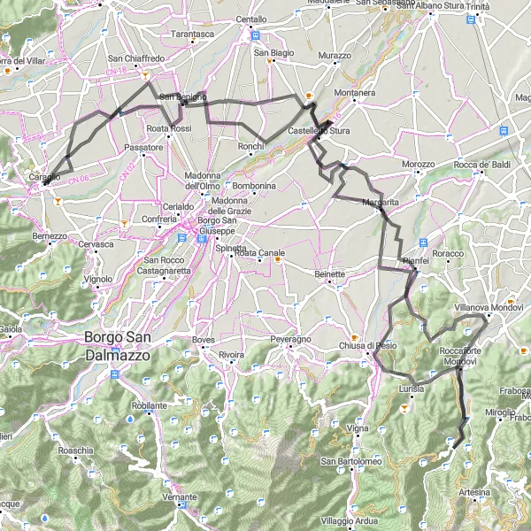 Karttaminiaatyyri "Pyöräilyreitti Roata Chiusaniin" pyöräilyinspiraatiosta alueella Piemonte, Italy. Luotu Tarmacs.app pyöräilyreittisuunnittelijalla