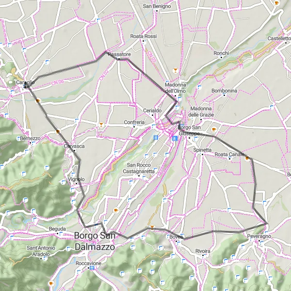 Zemljevid v pomanjšavi "Raziščite podeželsko pokrajino okoli Caraglia - 49 km" kolesarske inspiracije v Piemonte, Italy. Generirano z načrtovalcem kolesarskih poti Tarmacs.app