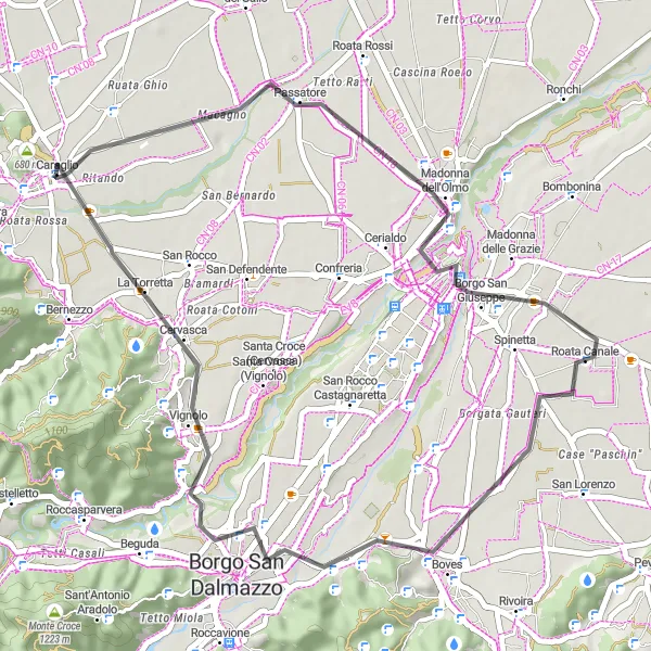 Miniatuurkaart van de fietsinspiratie "Rondrit Caraglio - Cuneo" in Piemonte, Italy. Gemaakt door de Tarmacs.app fietsrouteplanner