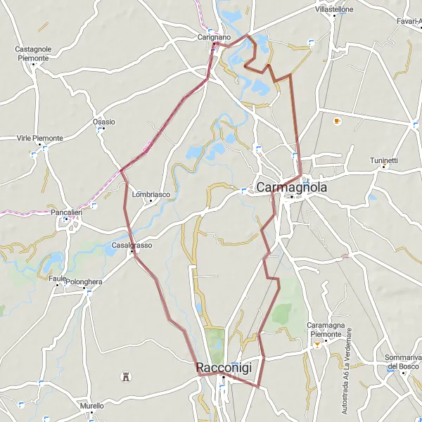 Map miniature of "The Countryside Tour of Carignano" cycling inspiration in Piemonte, Italy. Generated by Tarmacs.app cycling route planner