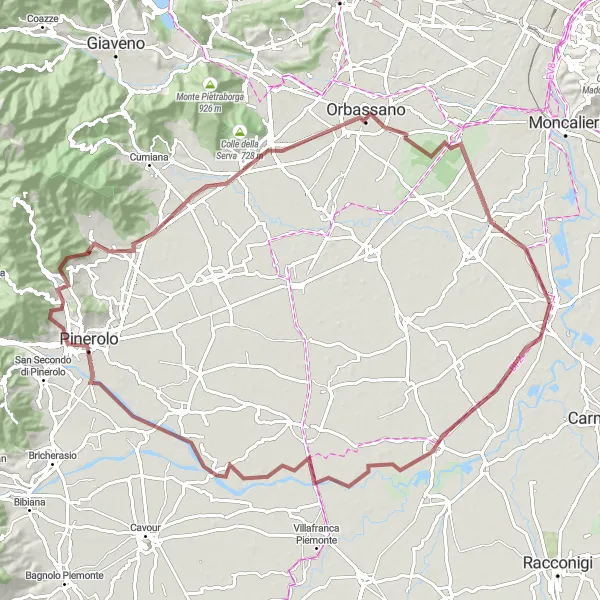 Kartminiatyr av "Grusväg från Carignano till Orbassano" cykelinspiration i Piemonte, Italy. Genererad av Tarmacs.app cykelruttplanerare