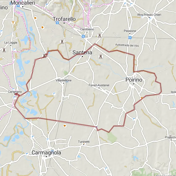 Zemljevid v pomanjšavi "Gravel pot do Carignana" kolesarske inspiracije v Piemonte, Italy. Generirano z načrtovalcem kolesarskih poti Tarmacs.app