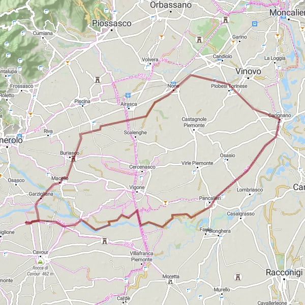 Zemljevid v pomanjšavi "Kolesarska pot Pancalieri - Carignano" kolesarske inspiracije v Piemonte, Italy. Generirano z načrtovalcem kolesarskih poti Tarmacs.app