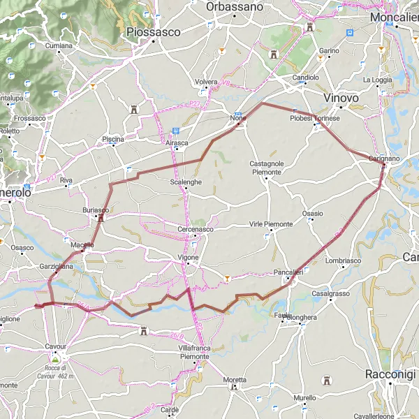 Miniatuurkaart van de fietsinspiratie "Grindpaden van Pancalieri naar Garzigliana" in Piemonte, Italy. Gemaakt door de Tarmacs.app fietsrouteplanner