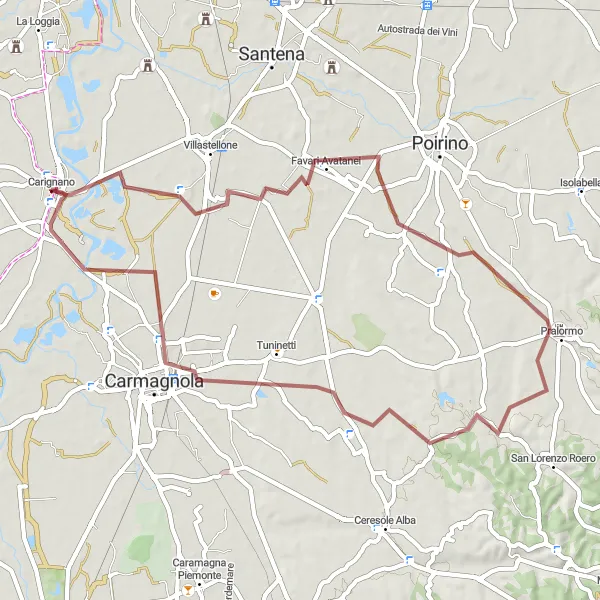 Miniatura della mappa di ispirazione al ciclismo "Giro in bicicletta gravel da Carignano a Tetti Faule e Pralormo" nella regione di Piemonte, Italy. Generata da Tarmacs.app, pianificatore di rotte ciclistiche