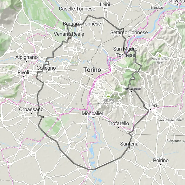 Karten-Miniaturansicht der Radinspiration "104 km Panoramastraße von Carignano" in Piemonte, Italy. Erstellt vom Tarmacs.app-Routenplaner für Radtouren