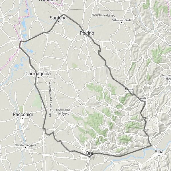 Miniatuurkaart van de fietsinspiratie "Santena- Poirino- Pralormo- Panorama sul Roero- La Zizzola- Bra- Carignano" in Piemonte, Italy. Gemaakt door de Tarmacs.app fietsrouteplanner