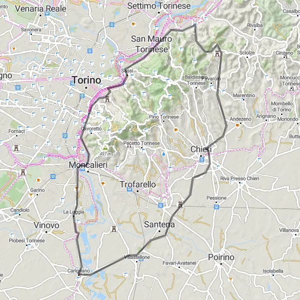 Kartminiatyr av "Moncalieri till Carignano via San Mauro Torinese" cykelinspiration i Piemonte, Italy. Genererad av Tarmacs.app cykelruttplanerare