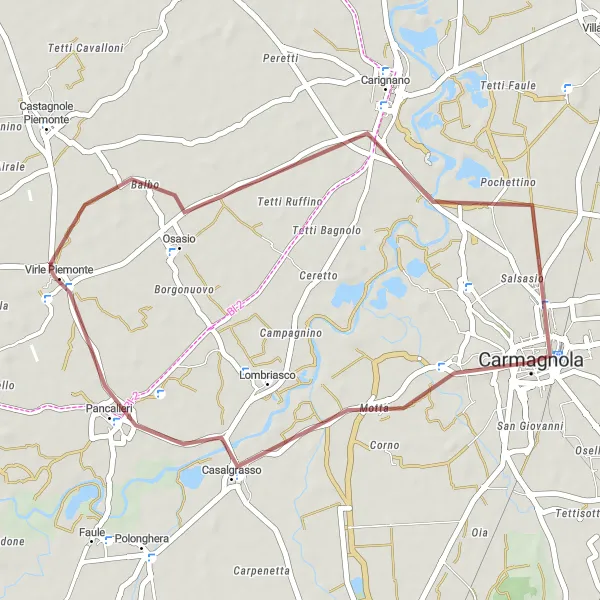 Miniaturní mapa "Gravel okruh kolem Carmagnola" inspirace pro cyklisty v oblasti Piemonte, Italy. Vytvořeno pomocí plánovače tras Tarmacs.app