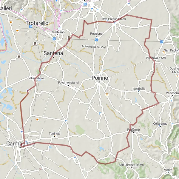Miniatua del mapa de inspiración ciclista "Ruta de gravilla por Carmagnola y alrededores" en Piemonte, Italy. Generado por Tarmacs.app planificador de rutas ciclistas