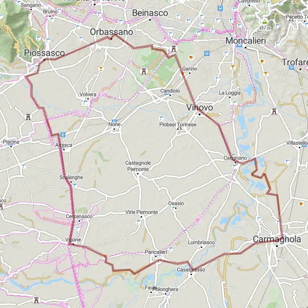 Miniatua del mapa de inspiración ciclista "Ruta de gravilla por las colinas de Carmagnola" en Piemonte, Italy. Generado por Tarmacs.app planificador de rutas ciclistas