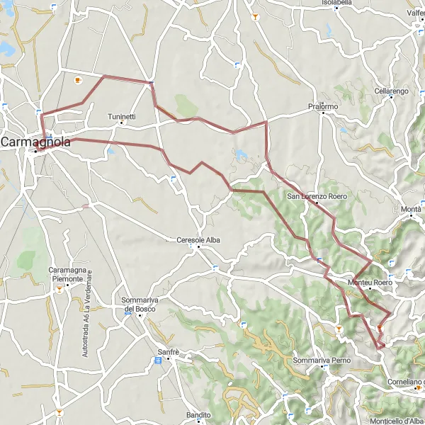 Miniaturekort af cykelinspirationen "Grusvej fra Carmagnola til Santo Stefano Roero" i Piemonte, Italy. Genereret af Tarmacs.app cykelruteplanlægger