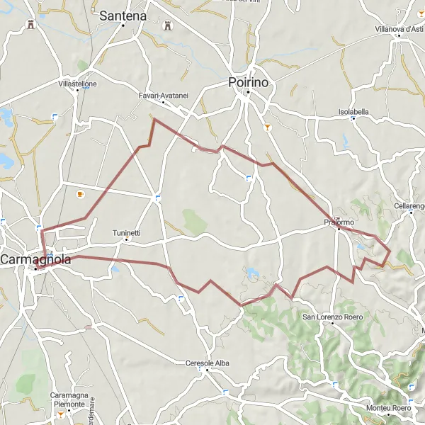 Miniature de la carte de l'inspiration cycliste "Tour des Toits de Carmagnola" dans la Piemonte, Italy. Générée par le planificateur d'itinéraire cycliste Tarmacs.app