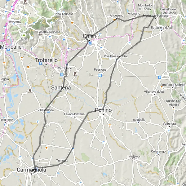 Map miniature of "Challenging Road Cycling Route to Villastellone, Chieri, Mombello di Torino, Poirino, and Carmagnola" cycling inspiration in Piemonte, Italy. Generated by Tarmacs.app cycling route planner
