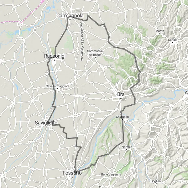 Miniatua del mapa de inspiración ciclista "Ruta por carretera de Carmagnola a Racconigi" en Piemonte, Italy. Generado por Tarmacs.app planificador de rutas ciclistas