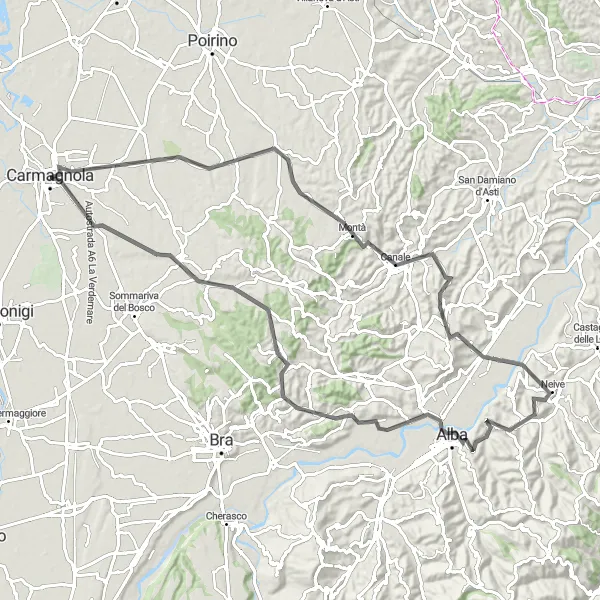 Miniatua del mapa de inspiración ciclista "Ruta de Ciclismo por Carmagnola y Alrededores" en Piemonte, Italy. Generado por Tarmacs.app planificador de rutas ciclistas