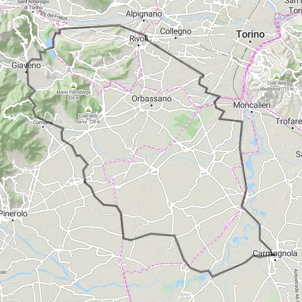 Miniaturní mapa "Vysoce náročný okruh od Carmagnoly" inspirace pro cyklisty v oblasti Piemonte, Italy. Vytvořeno pomocí plánovače tras Tarmacs.app