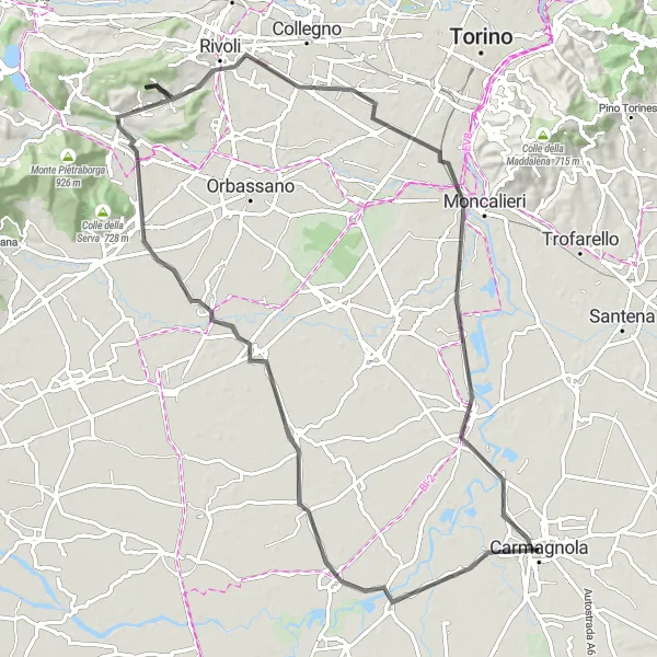 Map miniature of "Pancalieri and Carignano Road Tour" cycling inspiration in Piemonte, Italy. Generated by Tarmacs.app cycling route planner