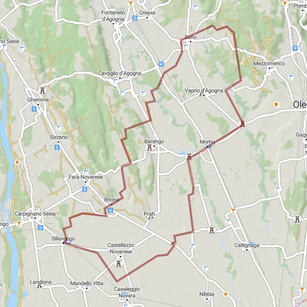 Map miniature of "Gravel Adventure to Castelletto di Momo" cycling inspiration in Piemonte, Italy. Generated by Tarmacs.app cycling route planner