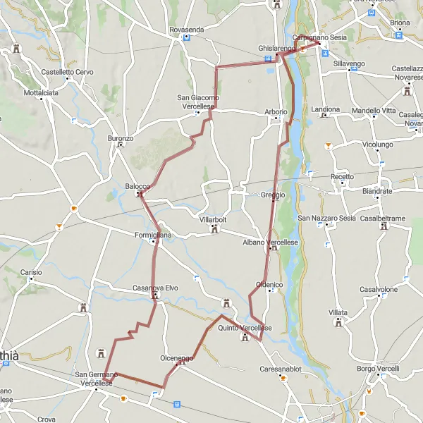 Miniatuurkaart van de fietsinspiratie "Gravelroute van Carpignano Sesia naar Ghislarengo" in Piemonte, Italy. Gemaakt door de Tarmacs.app fietsrouteplanner