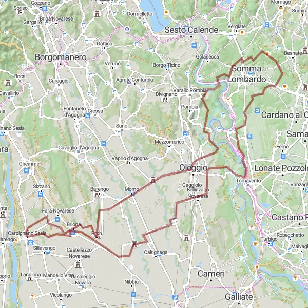 Zemljevid v pomanjšavi "Gravel kolesarska pot okoli Carpignano Sesia" kolesarske inspiracije v Piemonte, Italy. Generirano z načrtovalcem kolesarskih poti Tarmacs.app