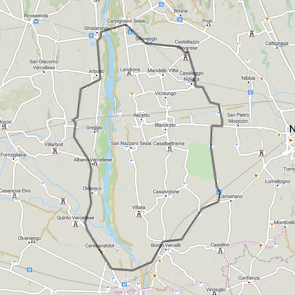 Kartminiatyr av "Veifyllte veier rundt Carpignano Sesia" sykkelinspirasjon i Piemonte, Italy. Generert av Tarmacs.app sykkelrutoplanlegger