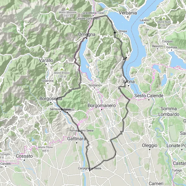 Map miniature of "Piedmont Challenge: Carpignano Sesia to Baveno" cycling inspiration in Piemonte, Italy. Generated by Tarmacs.app cycling route planner