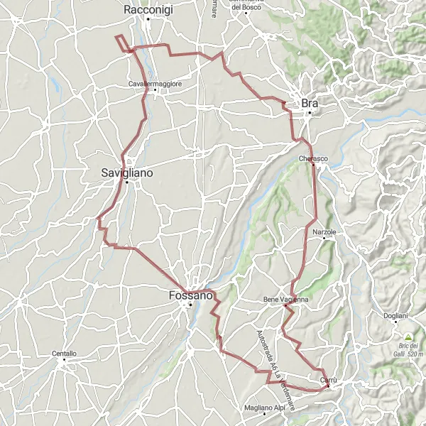Map miniature of "Carrù to Bene Vagienna Gravel Route" cycling inspiration in Piemonte, Italy. Generated by Tarmacs.app cycling route planner