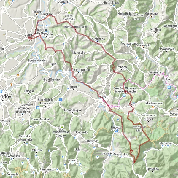 Miniatura mapy "Trasa szutrowa przez Clavesana i Paroldo" - trasy rowerowej w Piemonte, Italy. Wygenerowane przez planer tras rowerowych Tarmacs.app