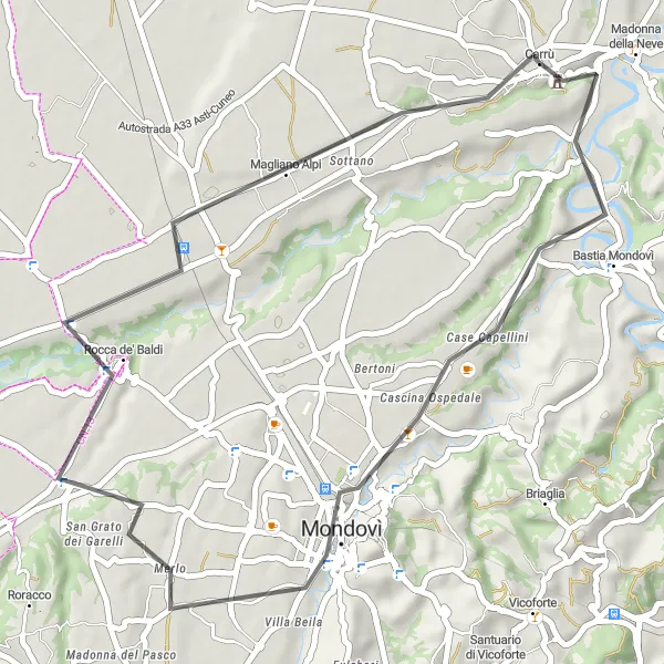 Map miniature of "Carrù to Magliano Alpi Road Route" cycling inspiration in Piemonte, Italy. Generated by Tarmacs.app cycling route planner