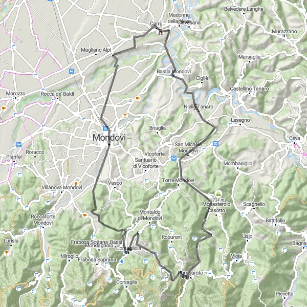 Zemljevid v pomanjšavi "Krožna kolesarska pot okoli Mondovìja" kolesarske inspiracije v Piemonte, Italy. Generirano z načrtovalcem kolesarskih poti Tarmacs.app