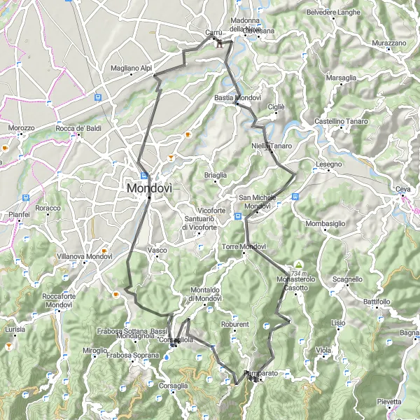 Miniatura della mappa di ispirazione al ciclismo "Tra storia e natura in direzione Mondovì" nella regione di Piemonte, Italy. Generata da Tarmacs.app, pianificatore di rotte ciclistiche