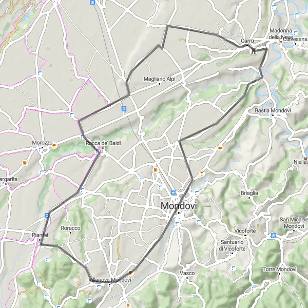 Miniatura della mappa di ispirazione al ciclismo "Giro tra Carrù e Pianfei" nella regione di Piemonte, Italy. Generata da Tarmacs.app, pianificatore di rotte ciclistiche
