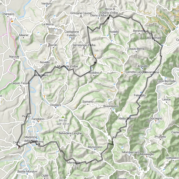Mapa miniatúra "Trasa cez Monchiero, Sinio a Borgomale" cyklistická inšpirácia v Piemonte, Italy. Vygenerované cyklistickým plánovačom trás Tarmacs.app