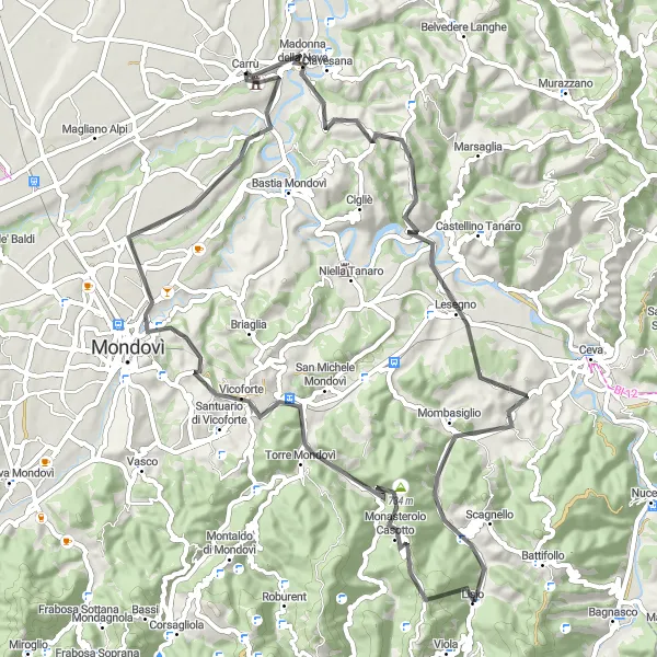 Mapa miniatúra "Trasa cez Rocca Cigliè a Torre Mondovì" cyklistická inšpirácia v Piemonte, Italy. Vygenerované cyklistickým plánovačom trás Tarmacs.app